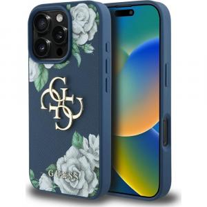 Etui Guess Grained Roses Big 4G do iPhone 16 Pro, niebieskie z kwiecistym wzorem