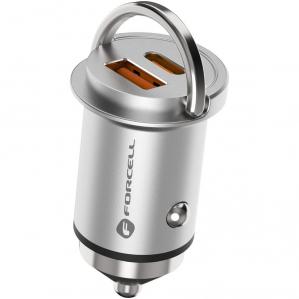 Ładowarka samochodowa Forcell F-Energy Mini 20W, USB-C, USB-A, PD, QC 3.0, srebrna