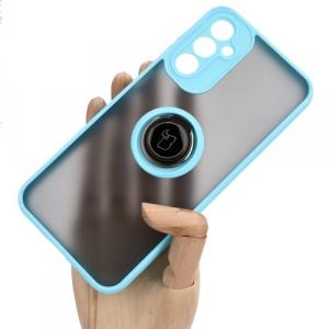 Etui z uchwytem na palec Bizon Case Hybrid Ring do Galaxy A14 4G / 5G, przydymione z jasnoniebieską ramką