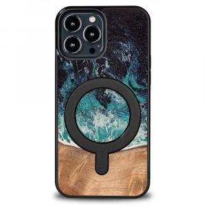 Drewniane etui do iPhone 13 Pro Max, Bewood Unique Dream Island do MagSafe, niebiesko-brązowe