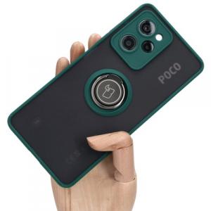 Etui z uchwytem na palec Bizon Case Hybrid Ring do Xiaomi Pocophone X5 Pro, przydymione z ciemnozieloną ramką