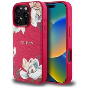 Etui Guess Grained Flower Pattern do MagSafe do iPhone 16 Pro Max, fuksja z kwiecistym wzorem