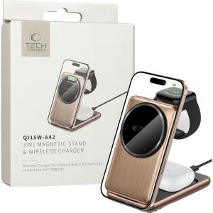Ładowarka indukcyjna Tech-Protect Qi15W A42 3w1 Magnetic Stand and Wireless Charger do MagSafe, Qi, złota