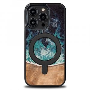 Drewniane etui do iPhone 14 Pro, Bewood Unique Dream Island do MagSafe, niebiesko-brązowe