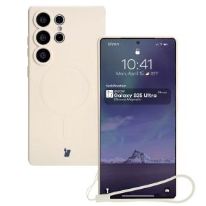 Silikonowe etui z pierścieniem magnetycznym Bizon Case Silicone Magnetic do Galaxy S25 Ultra, beżowe