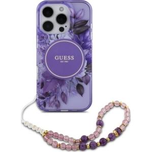 OUTLET: Etui Guess IML Flowers with Pearl Strap MagSafe do iPhone 16 Pro Max, fioletowe