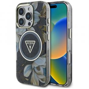 Etui Guess Glitter Flowers Triangle Buttons do MagSafe do iPhone 16 Pro, czarne z kwiecistym wzorem