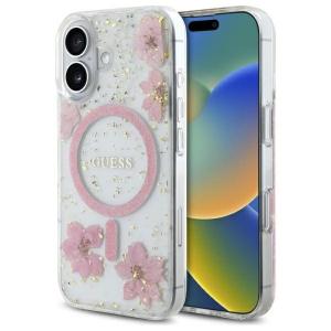 Etui Guess Resin Flowers Glitter MagSafe do iPhone 16, różowe z kwiecistym wzorem