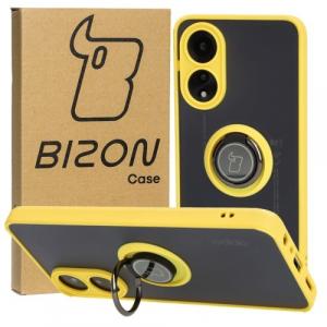 Etui z uchwytem na palec Bizon Case Hybrid Ring do Oppo A78 4G, przydymione z żółtą ramką