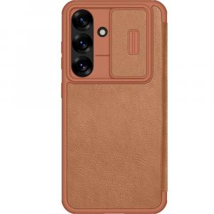 Etui z klapką i ochroną aparatu Nillkin Qin Pro do Galaxy S25, brązowe