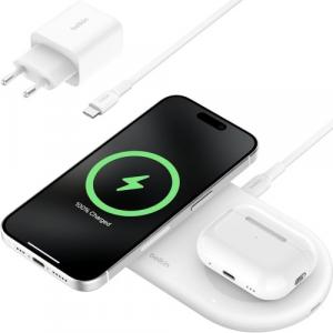 OUTLET: Ładowarka indukcyjna Belkin Boost Pro 2-in-1 Pad Qi2 15W WIZ021 dla iPhone z MagSafe +PSU, biała