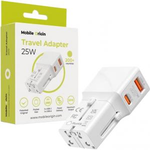 Ładowarka sieciowa, podróżna Mobile Origin Travel Adapter, 25W, USB-C, USB-A z adapterem do EU/USA/UK/AU, biała