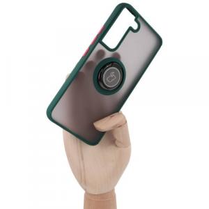 Etui z uchwytem na palec Bizon Case Hybrid Ring do Galaxy S22, przydymione z ciemnozieloną ramką