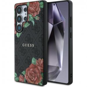 Etui Guess Hardcase 4G Leather Flowers Print Metal Logo MagSafe do Galaxy S25 Ultra, czarne