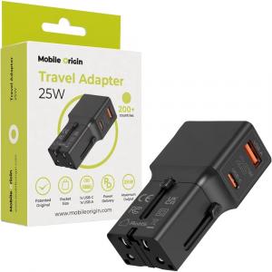 Ładowarka sieciowa, podróżna Mobile Origin Travel Adapter, 25W, USB-C, USB-A z adapterem do EU/USA/UK/AU, czarna