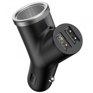OUTLET: Ładowarka samochodowa Baseus Y Type 2xUSB-A 3.4A + gniazdko zapalniczki 40W, czarna
