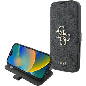 Etui zamykane z podstawką Guess 4G Metal Logo do iPhone 16, czarna ze złotymi elementami