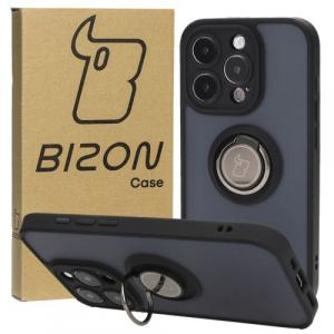 Etui z uchwytem na palec Bizon Case Hybrid Ring do iPhone 15 Pro, przydymione z czarną ramką