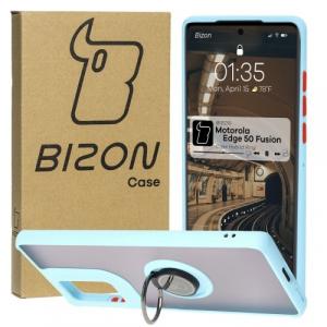 Etui z uchwytem na palec Bizon Case Hybrid Ring do Motorola Edge 50 Fusion, przydymione z jasnoniebieską ramką