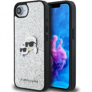 Etui Karl Lagerfeld Hardcase Fixed Glitter Karl and Choupette Heads Metal Pin do iPhone 16e, srebrne