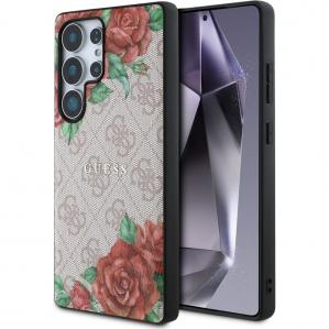 Etui Guess Hardcase 4G Leather Flowers Print Metal Logo MagSafe do Galaxy S25 Ultra, różowe