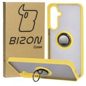 Etui z uchwytem na palec Bizon Case Hybrid Ring do Galaxy S24 FE, przydymione z żółtą ramką