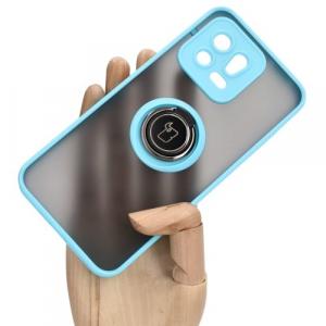 Etui z uchwytem na palec Bizon Case Hybrid Ring do Xiaomi 13, przydymione z jasnoniebieską ramką