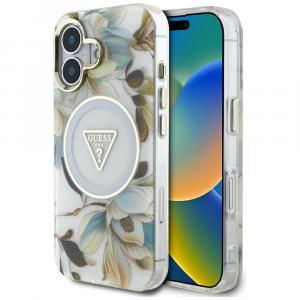 Etui Guess Glitter Flowers Triangle Buttons do MagSafe do iPhone 16, białe z kwiecistym wzorem