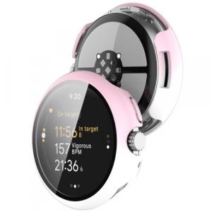 Etui ze szkłem do zegarka Bizon Case+Glass Watch do Google Pixel Watch 3 45mm, białoróżowe