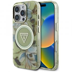 Etui Guess Glitter Flowers Triangle Buttons do MagSafe do iPhone 16 Pro Max, zielone z kwiecistym wzorem