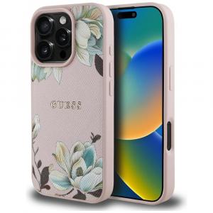Etui Guess Grained Flower Pattern do MagSafe do iPhone 16 Pro, różowe z kwiecistym wzorem
