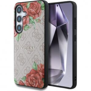 Etui Guess Hardcase 4G Leather Flowers Print Metal Logo MagSafe do Galaxy S25, różowe