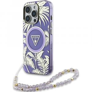 Etui Guess Palm Trees Triangle Pearl Strap MagSafe do iPhone 16 Pro Max, fioletowe