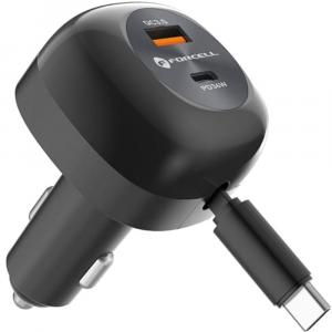 Ładowarka samochodowa Forcell F-Energy 75W, 1x USB-C, 1x USB-A, PD, QC 4.0 + zwijany kabel USB-C, czarna