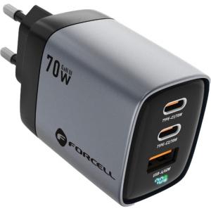 Ładowarka sieciowa Forcell F-Energy Wall Charger GaN III 70W, 2x USB-C PD, 1x USB-A, QC 4.0, szara