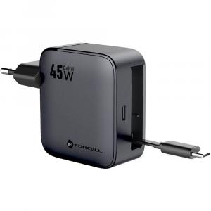 Ładowarka sieciowa Forcell F-Energy GaN3 45W, 1x USB-C, PD, QC 4.0 + zwijany kabel USB-C, grafitowo-czarna