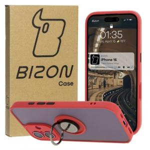 Etui z uchwytem na palec Bizon Case Hybrid Ring do iPhone 16, przydymione z czerwoną ramką