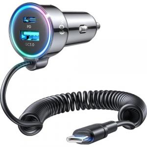 Ładowarka samochodowa Joyroom JR-CL07 60W, USB-A, USB-C, wbudowany kabel USB-C 1.6m, PD, QC 3.0, czarna