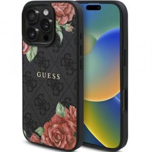 Etui Guess Hardcase 4G Leather Flowers Print Metal Logo MagSafe do iPhone 16 Pro, czarne