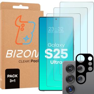 3x Szkło hartowane + szybka na aparat Bizon Glass Clear 2 Pack do Galaxy S25 Ultra