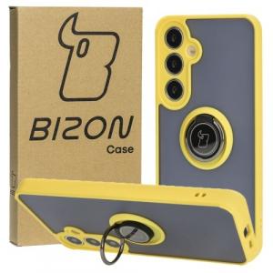 Etui z uchwytem na palec Bizon Case Hybrid Ring do Galaxy S24 Plus, przydymione z żółtą ramką