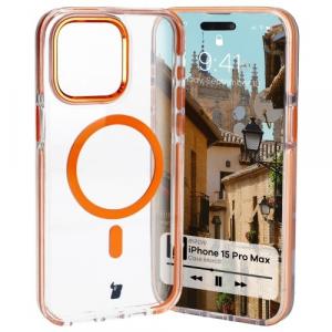 Etui z pierścieniem magnetycznym Bizon Case Marco do iPhone 15 Pro Max, przezroczyste z pomarańczową ramką