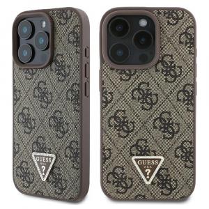 OUTLET: Etui Guess Hardcase Leather 4G Triangle Strass do iPhone 16 Pro, brązowe