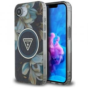 Etui Guess Glitter Flowers Triangle Buttons do MagSafe do iPhone 16e, czarne z kwiecistym wzorem