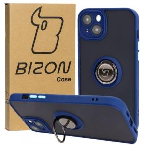 Etui z uchwytem na palec Bizon Case Hybrid Ring do iPhone 15 Plus, przydymione z granatową ramką