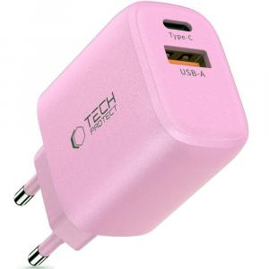 Ładowarka sieciowa Tech-Protect NCA20 2-PORT NETWORK 20W USB-C PD, USB-A QC 3.0, różowa