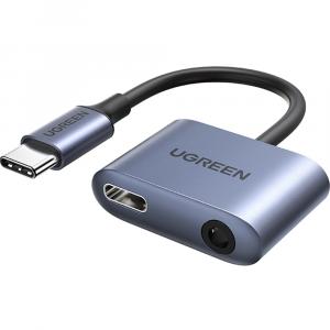 Adapter, przejściówka Ugreen CM231, USB-C - USB-C / mini jack 3.5mm, DAC, PD, QC 30W, szary