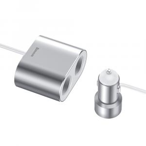 Ładowarka samochodowa Baseus High Efficiency 2x USB-A + podwójne gniazdo zapalniczki 80W, srebrna