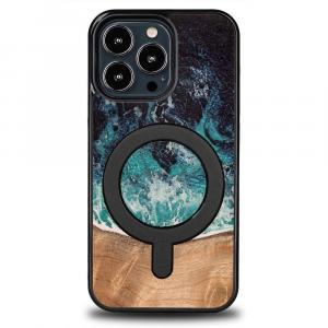 Drewniane etui do iPhone 13 Pro, Bewood Unique Dream Island do MagSafe, niebiesko-brązowe