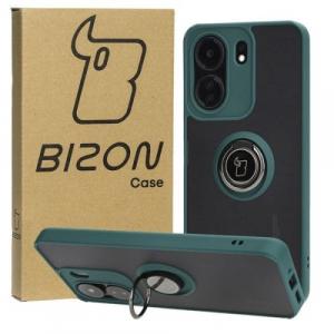 Etui z uchwytem na palec Bizon Case Hybrid Ring do Xiaomi Redmi 13C / Xiaomi Pocophone C65, przydymione z ciemnozieloną ramką